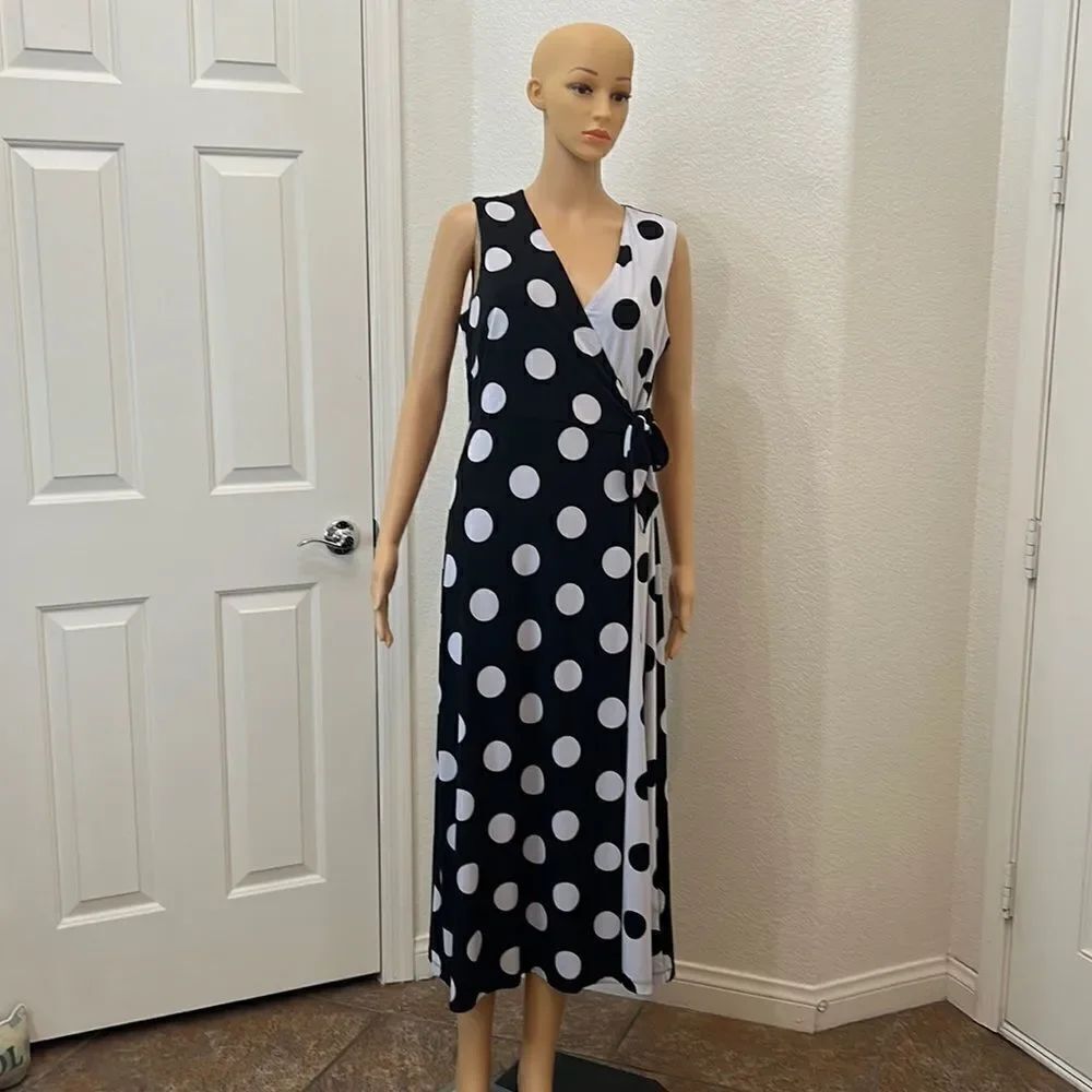 Susan Graver Dress Size MP V Neck Black White Polka Dot Midi Slimming Side Tie